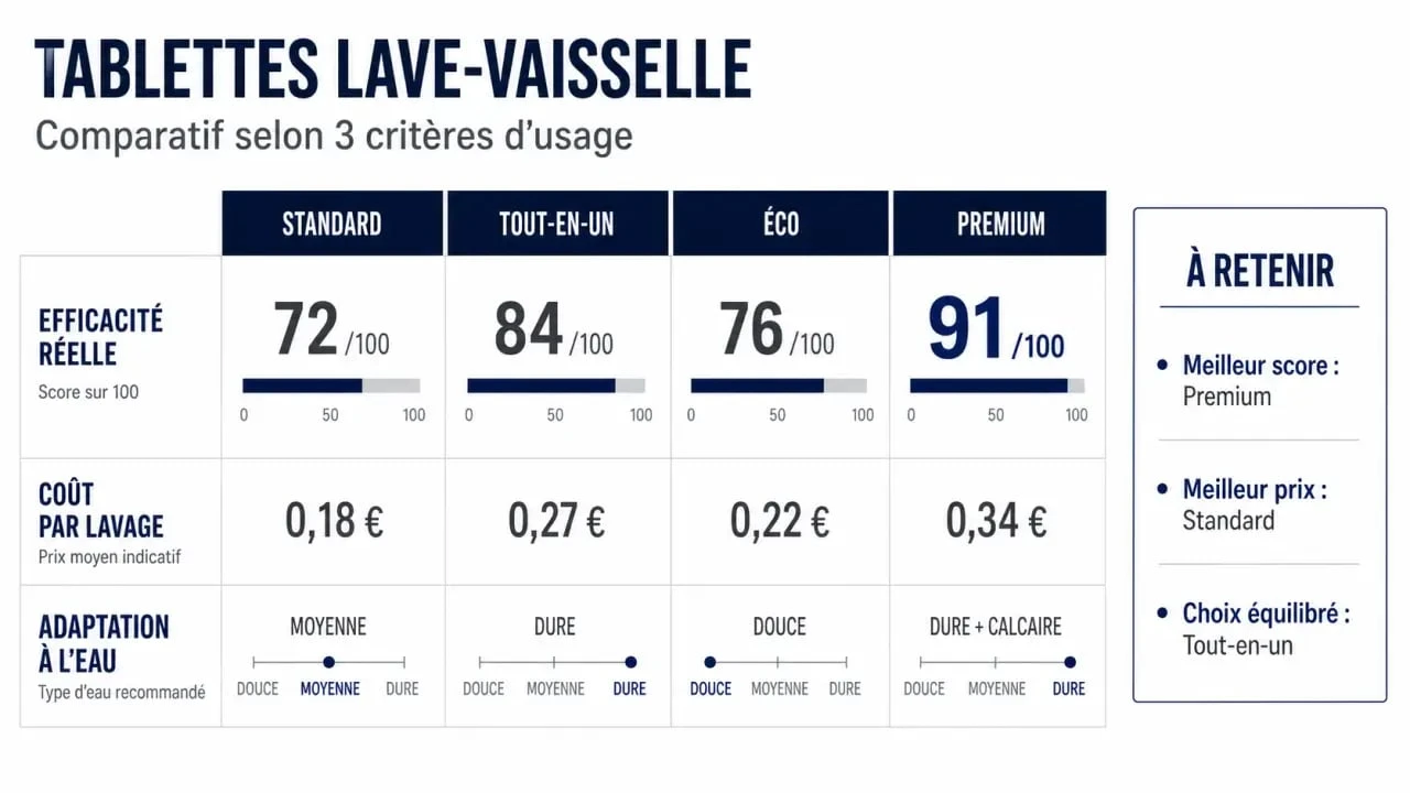 Meilleure tablette lave vaisselle comparée dans un visuel éditorial sur le prix, l’efficacité et l’eau