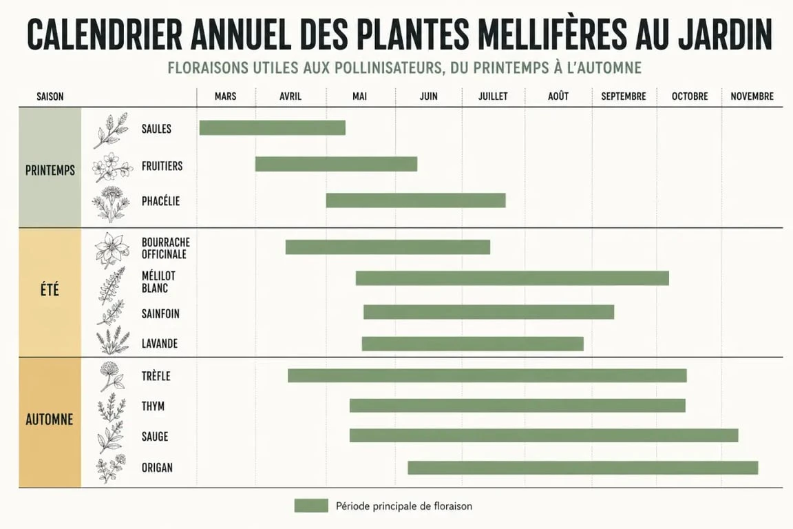 Calendrier des plantes mellifere au jardin par saison, avec phacélie, bourrache, lavande et trèfle