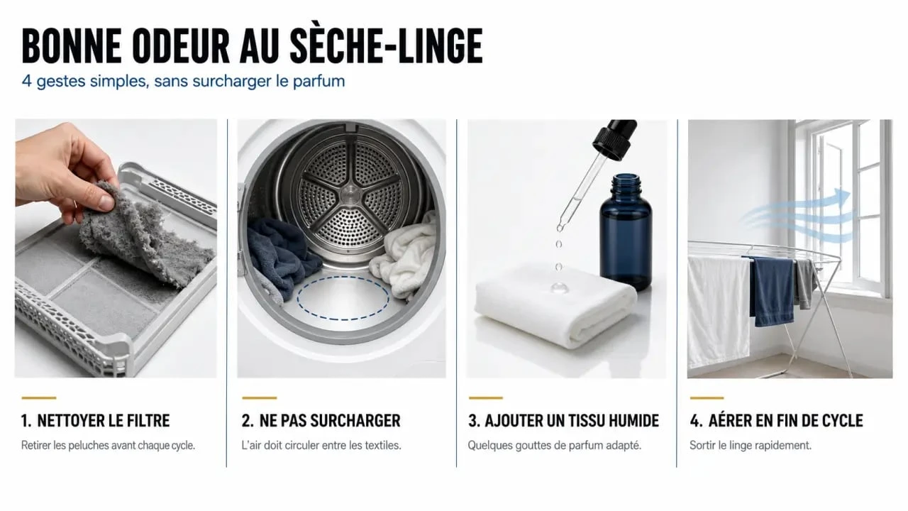 Astuce bonne odeur sèche-linge : illustration des étapes pour parfumer le linge et éviter les mauvaises odeurs