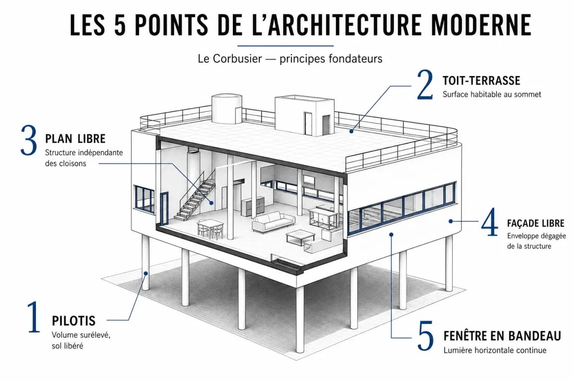 Schéma des 5 points de l'architecture moderne de Le Corbusier illustrant les principes d'un architecte moderne