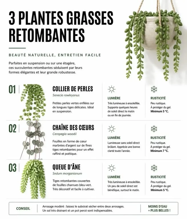 Infographie comparative des besoins en lumière et rusticité pour les plantes grasses retombantes