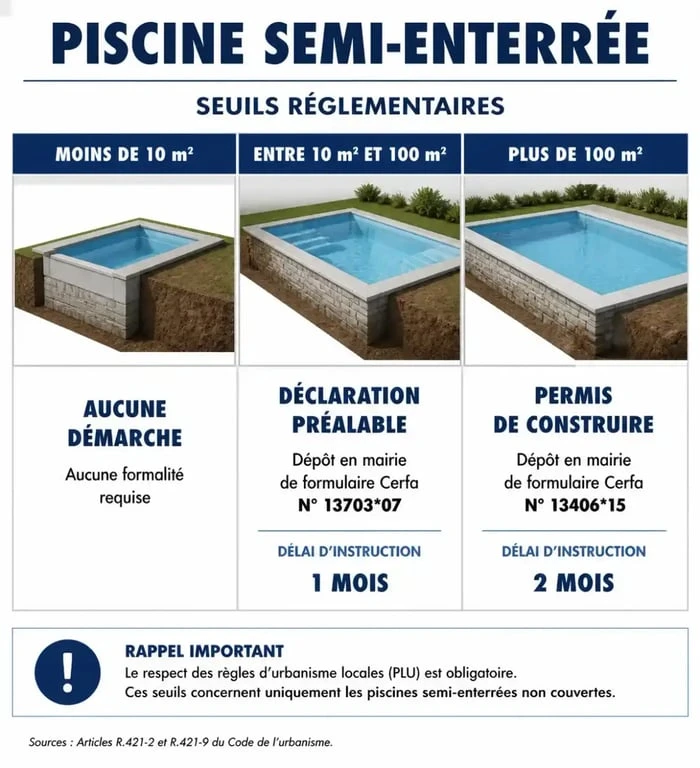 Tableau des seuils réglementaires pour une piscine semi-enterrée en France