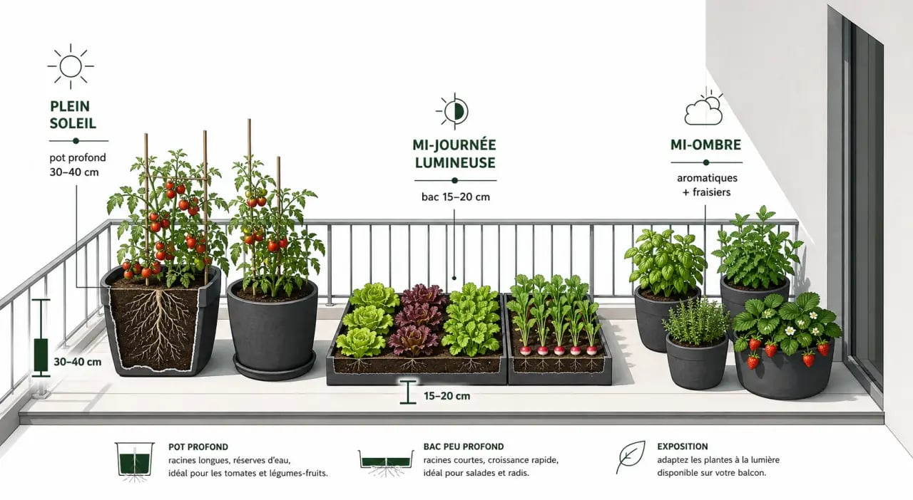 Aménager un potager urbain sur son balcon ou sa terrasse : illustration d’un balcon avec bacs profonds, salades, tomates cerises et aromatiques
