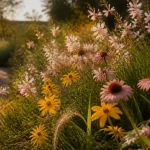 Fleur vivace longue floraison en massif ensoleillé avec gaura, rudbeckia et échinacée