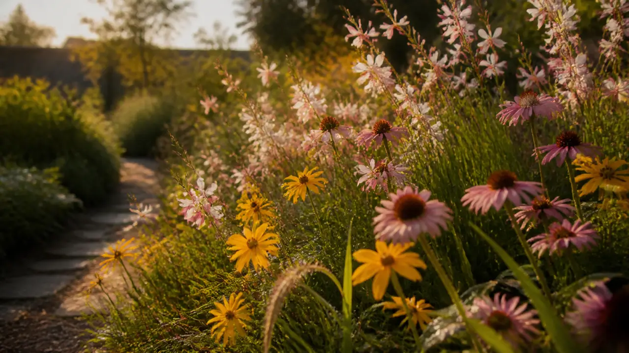 Fleur vivace longue floraison en massif ensoleillé avec gaura, rudbeckia et échinacée