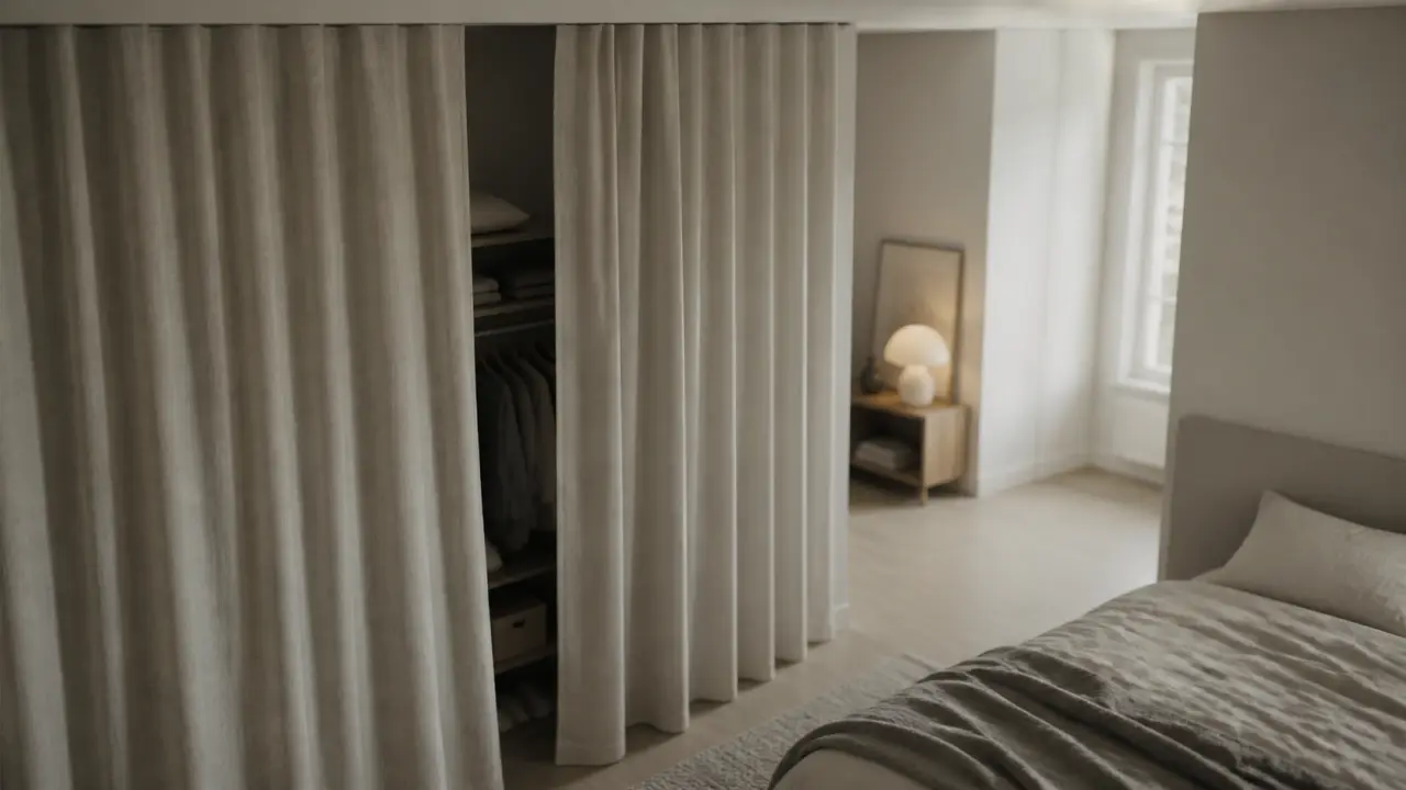 Idée pour fermer un placard sans porte avec un grand rideau en lin