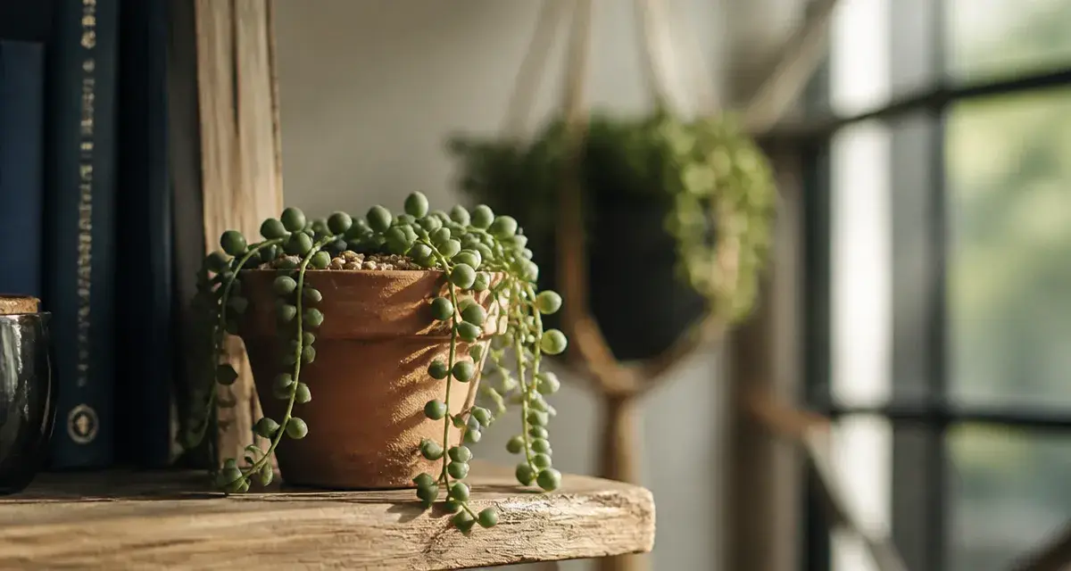 Plantes grasse retombantes en pot en terre cuite, tiges en cascade