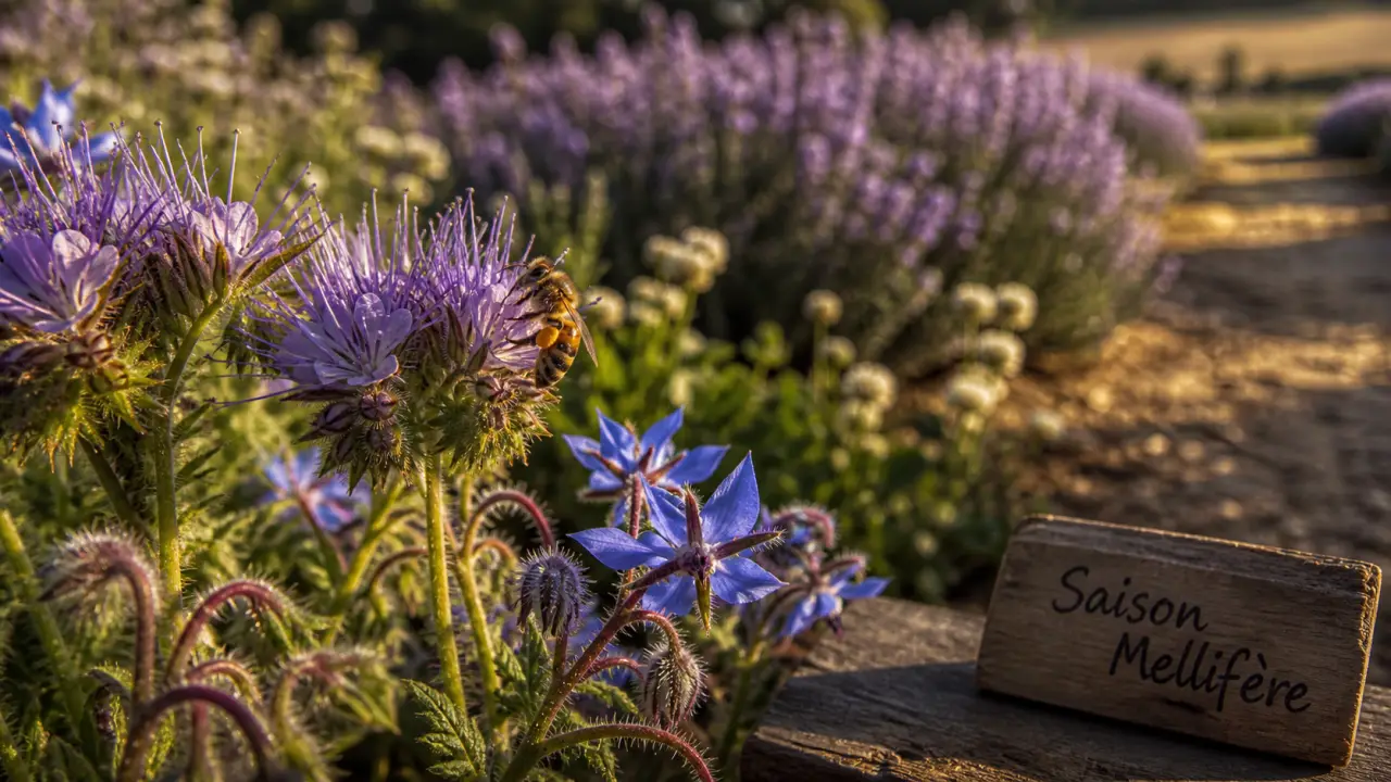 Plantes mellifere : abeille sur phacélie et bourrache en fleurs, pollen visible