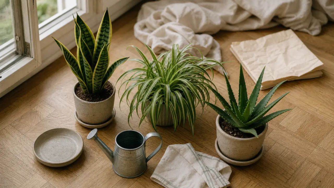 Quelle plante mettre dans une chambre : sansevieria, chlorophytum et aloe vera près de la fenêtre