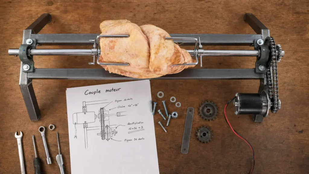 Tourne-broche maison pour 30 kg de viande : moteur adapté, châssis stable et erreurs à éviter