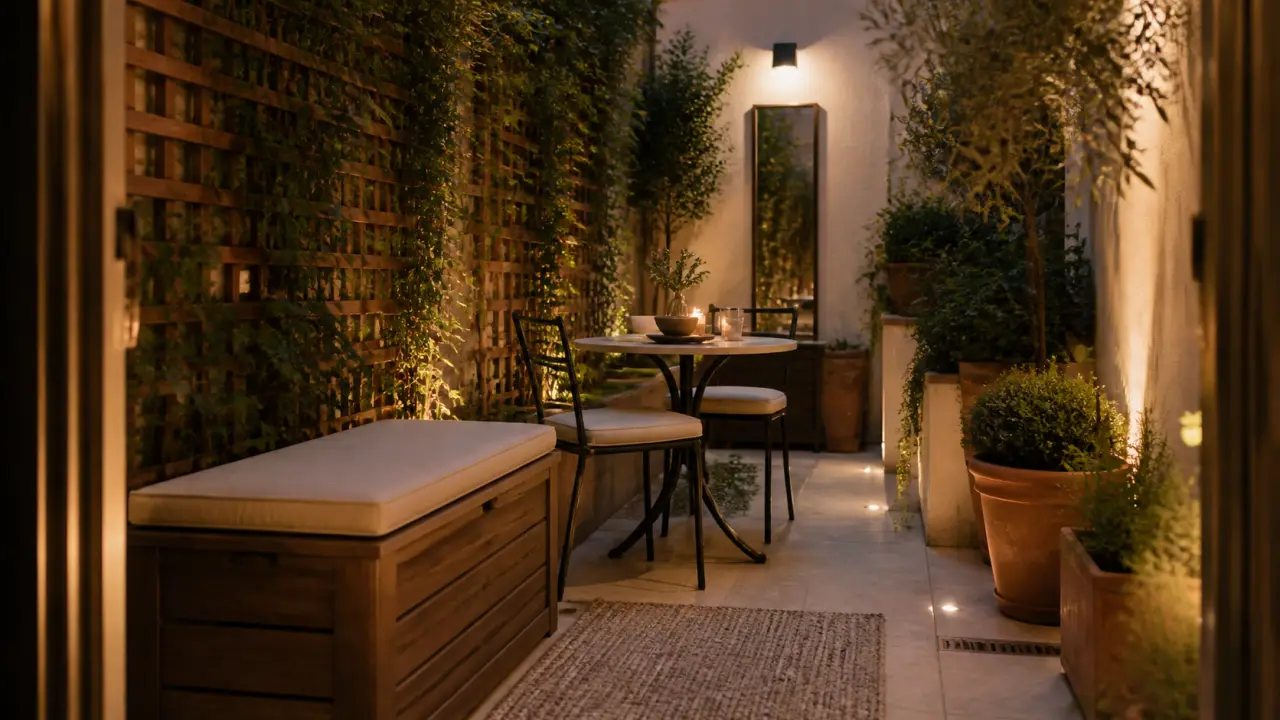 Une cour intérieure sombre avec lumière, sol et plantes : patio étroit urbain