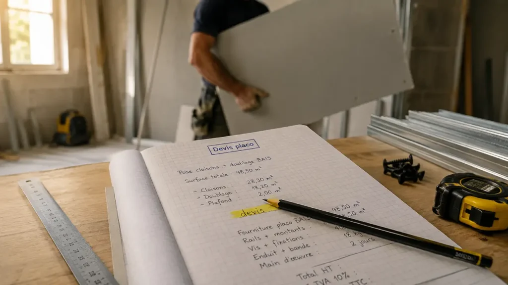Devis placo : 20 à 60 €/m², les lignes qui font vraiment varier le prix