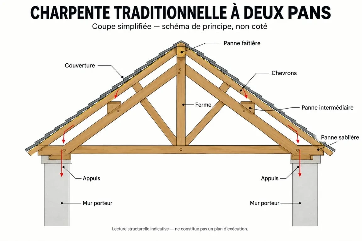 Schéma simplifié d’une panne de charpente faîtière, sablière et intermédiaire avec les chevrons