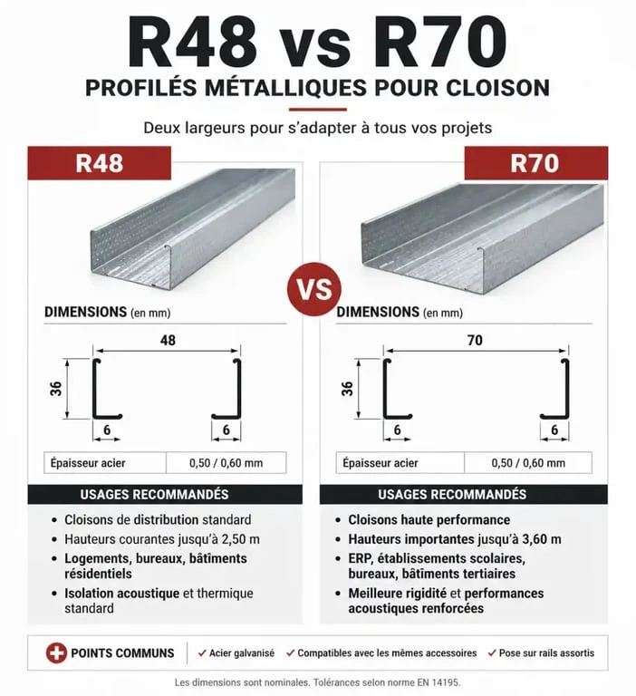 Comparatif technique des rails pour placo R48 et R70 pour choisir le bon profilé