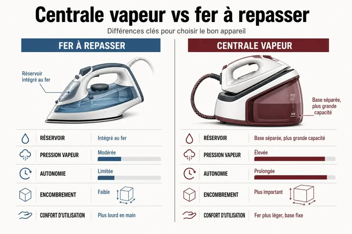 Différence centrale vapeur fer à repasser expliquée dans une comparaison visuelle claire des critères clés