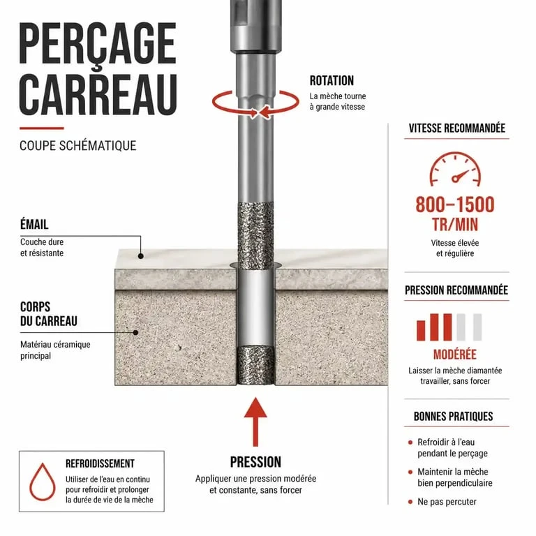 Comment percer un carrelage sans le fissurer, schéma technique du foret et du carreau