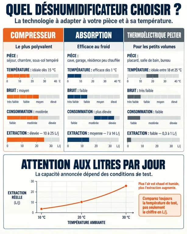 Test déshumidificateur que choisir : infographie comparant les technologies compresseur, absorption et Peltier