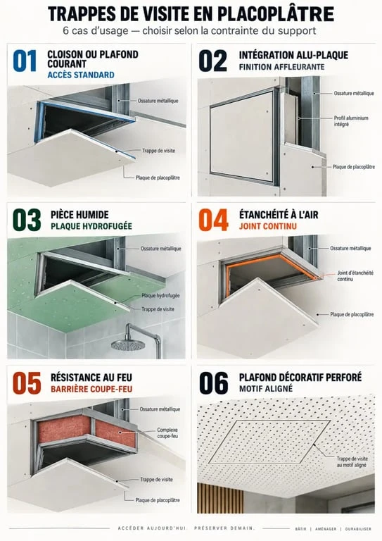 Infographie comparative des trappes de visite placoplâtre selon le support et les contraintes techniques