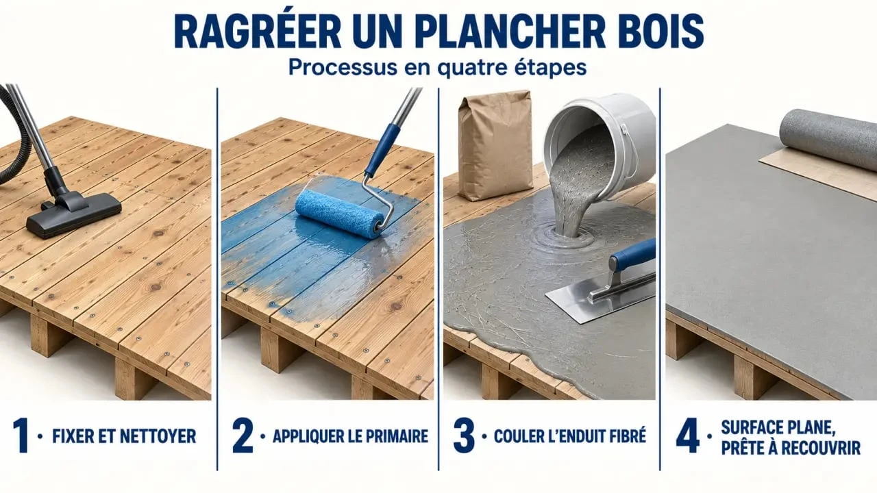 Étapes d’un ragréage sur plancher en bois avec préparation, primaire et enduit fibré