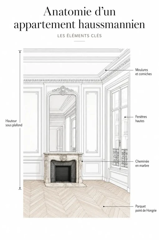 Éléments architecturaux caractéristiques d'un appartement haussmannien à Paris