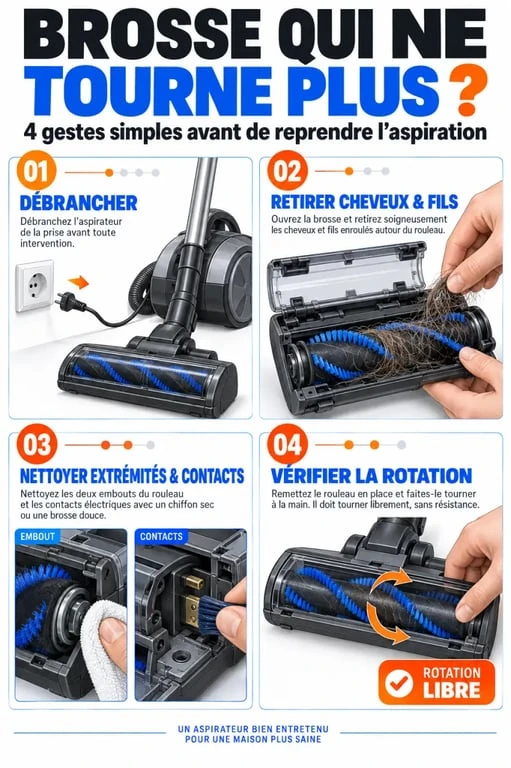 Étapes pour comprendre pourquoi la brosse de mon aspirateur ne tourne plus et nettoyer le rouleau