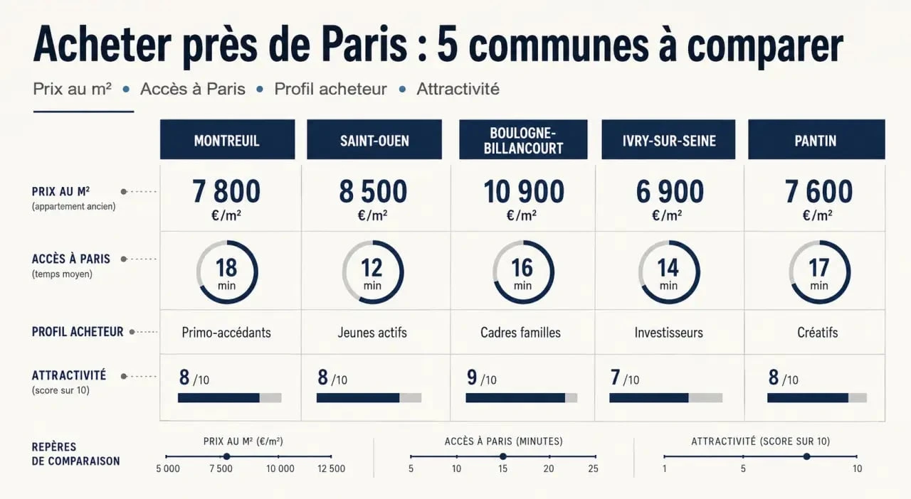 Acheter appartement banlieue proche Paris : comparaison visuelle de communes, prix au m² et accès aux transports
