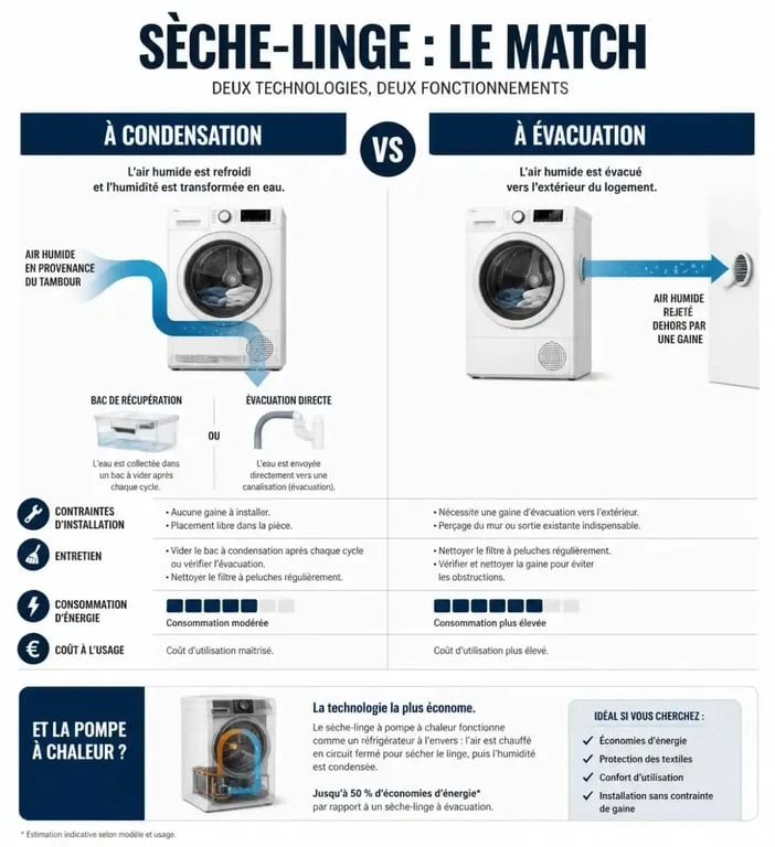Infographie sur la différence sèche-linge condensation ou évacuation avec comparaison de l'installation et de la consommation