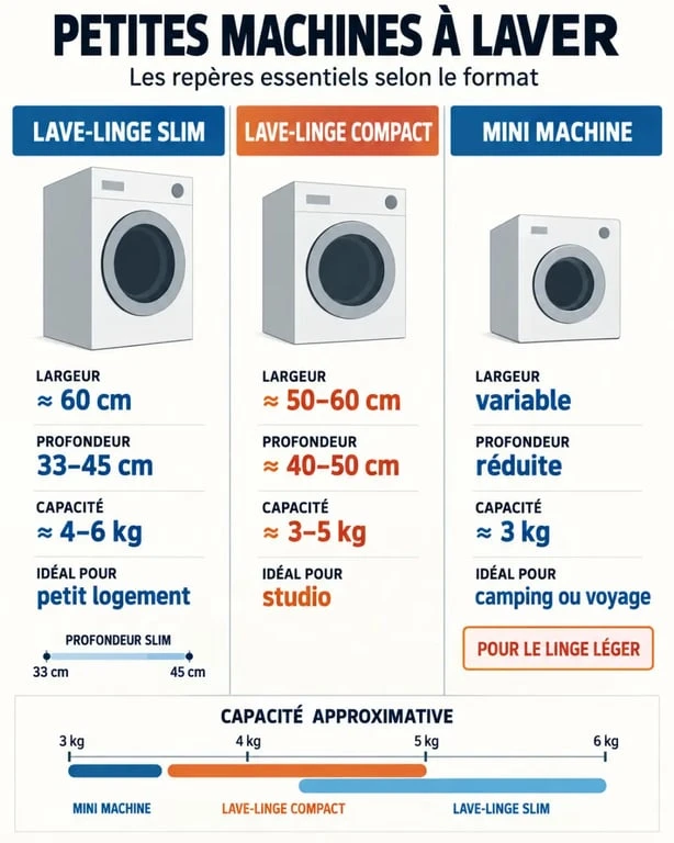 Infographie comparative des petites machines à laver slim, compactes et mini