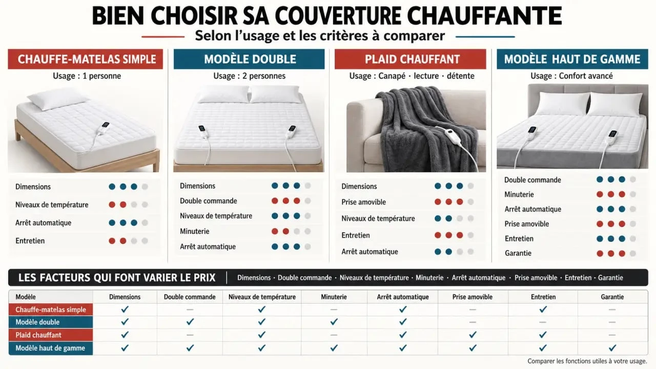 Infographie sur le prix d’une couverture chauffante selon le type de modèle et les fonctionnalités