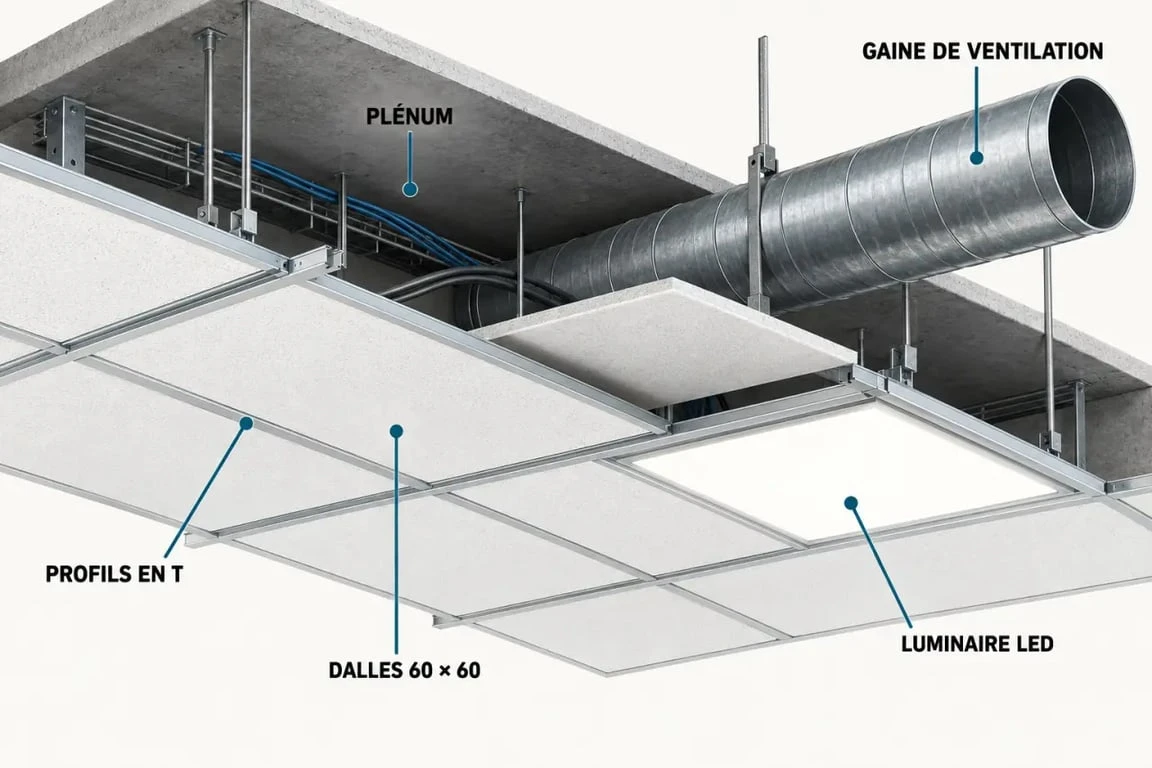 Schéma de fonctionnement d'un plafond avec plaques de faux plafond 60x60, ossature et plénum