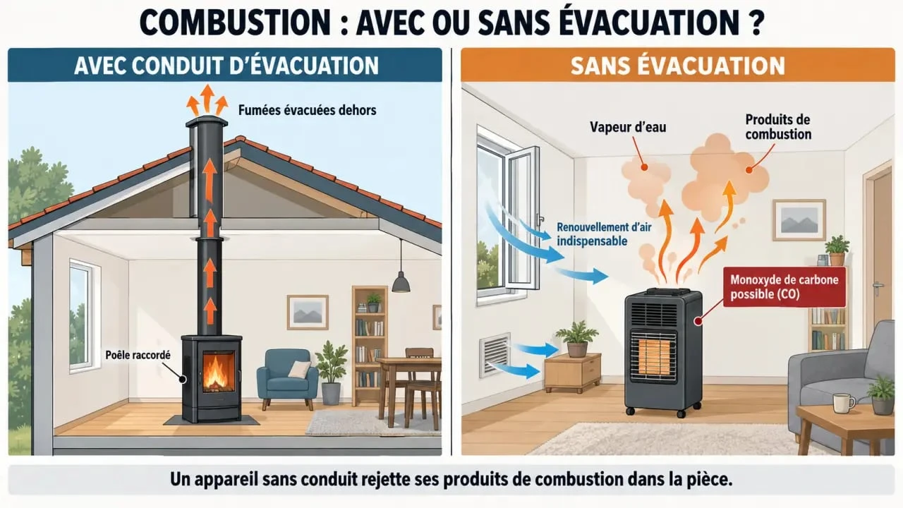 Schéma de sécurité d’un chauffage d’appoint sans électricité avec ventilation et évacuation des fumées
