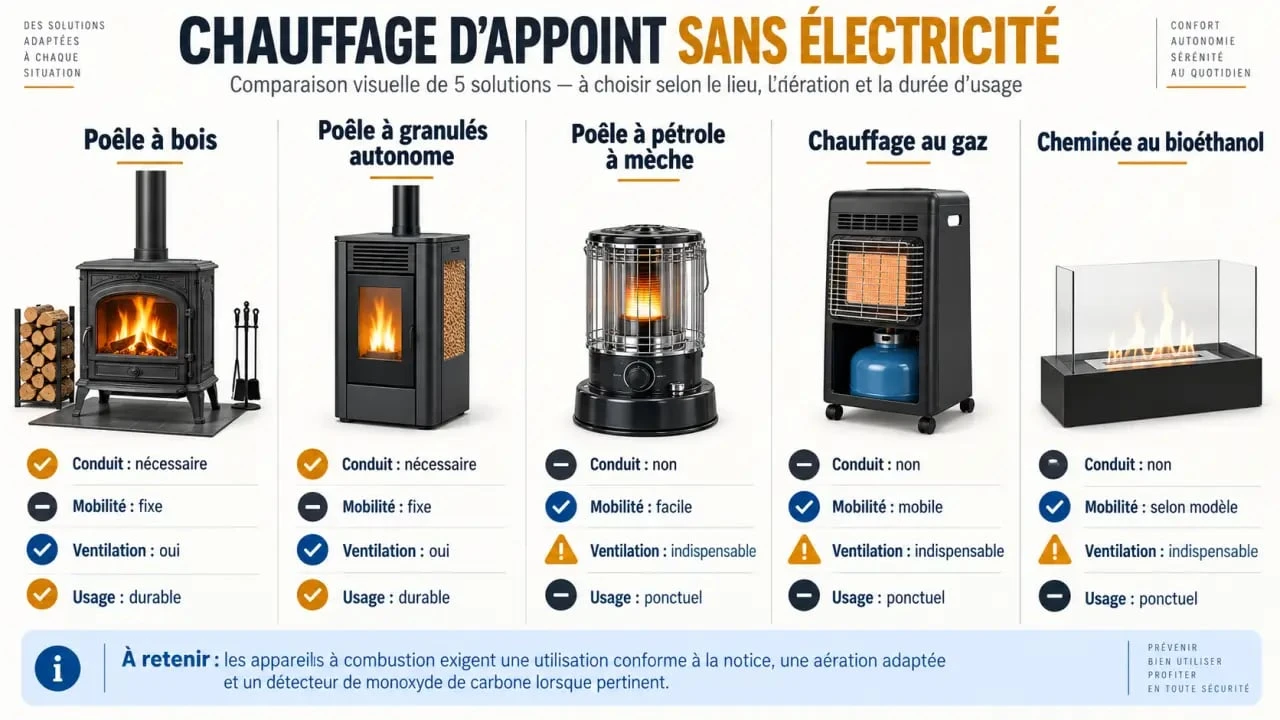 Comparatif visuel des solutions de chauffage d’appoint sans électricité