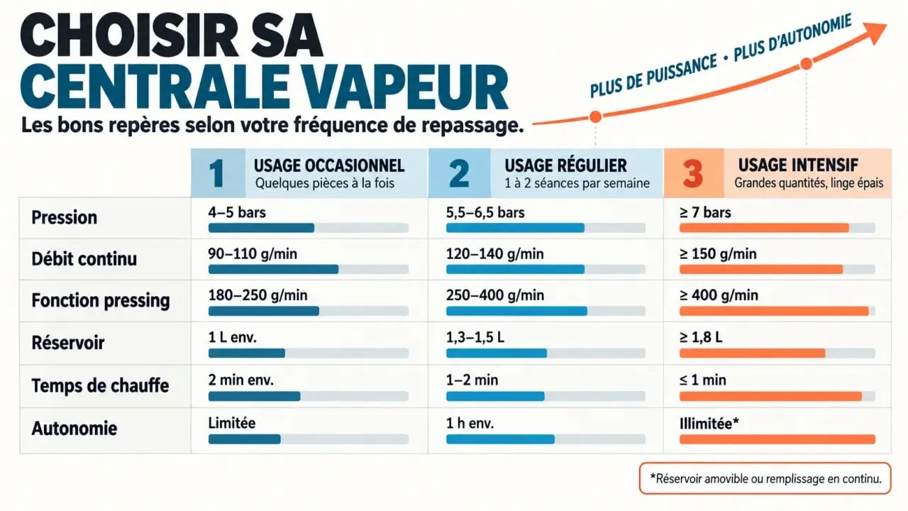 Infographie pour comprendre comment choisir centrale vapeur selon la pression, le débit et l’autonomie