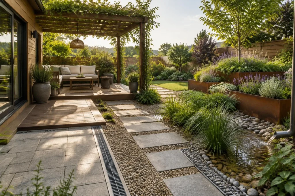 Un extérieur durable gagne en confort quand le sol, l’eau et l’ombre sont pensés avant la décoration