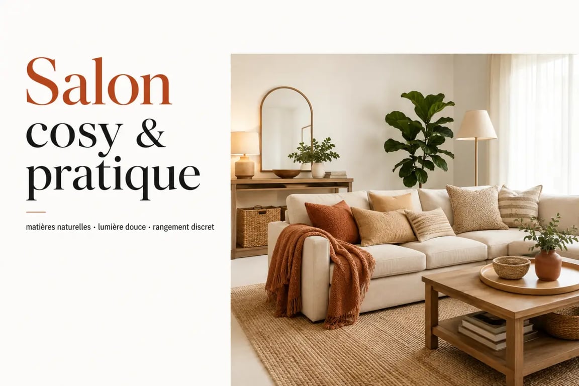 Déco cosy et pratique dans toute la maison : salon chaleureux avec tapis, coussins, lumière douce et rangement discret