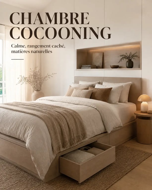 Déco cosy et pratique dans toute la maison : chambre cocooning avec matières naturelles, lumière chaude et rangement discret