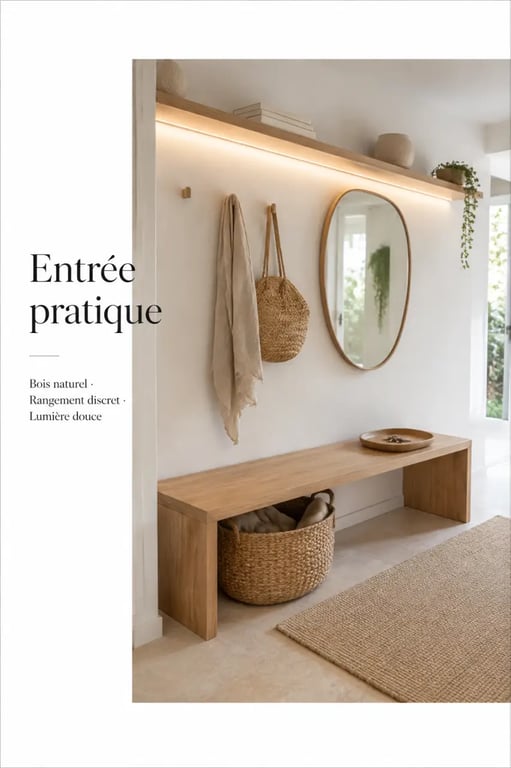 Déco cosy et pratique dans toute la maison : entrée chaleureuse avec banc, miroir, panier de rangement et lumière douce
