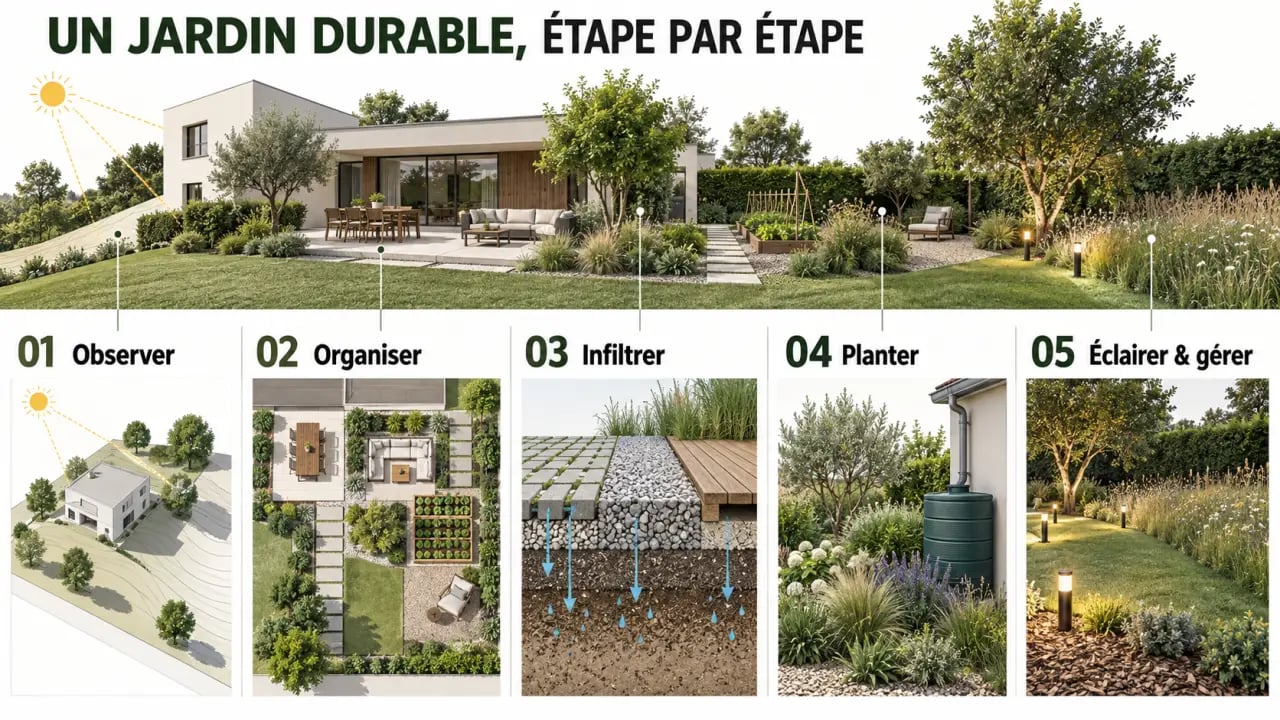 Illustration des étapes pour aménager un espace de vie extérieur durable et esthétique