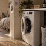 Petite machines à laver slim dans un studio compact