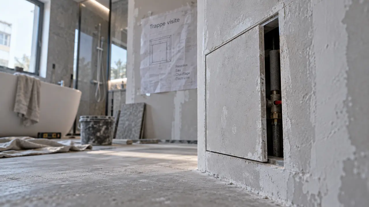 Trappes de visite placoplatre en salle de bains, vue en rénovation