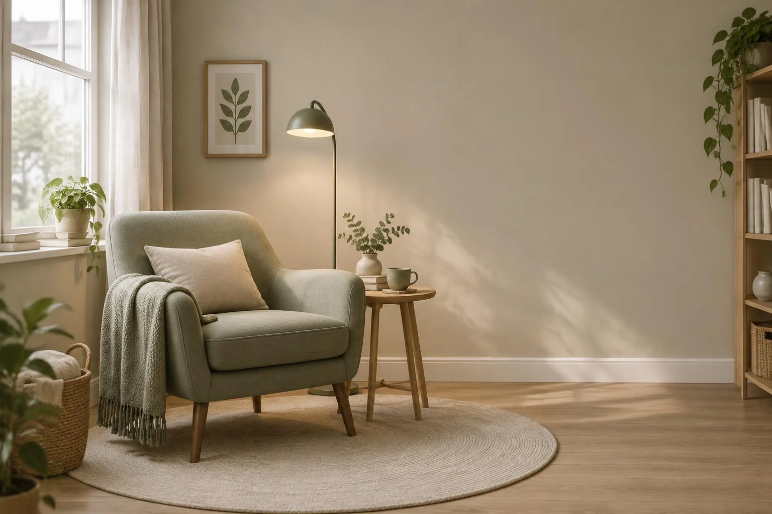 Coin lecture relaxant : fenêtre, fauteuil, 1,5 m²