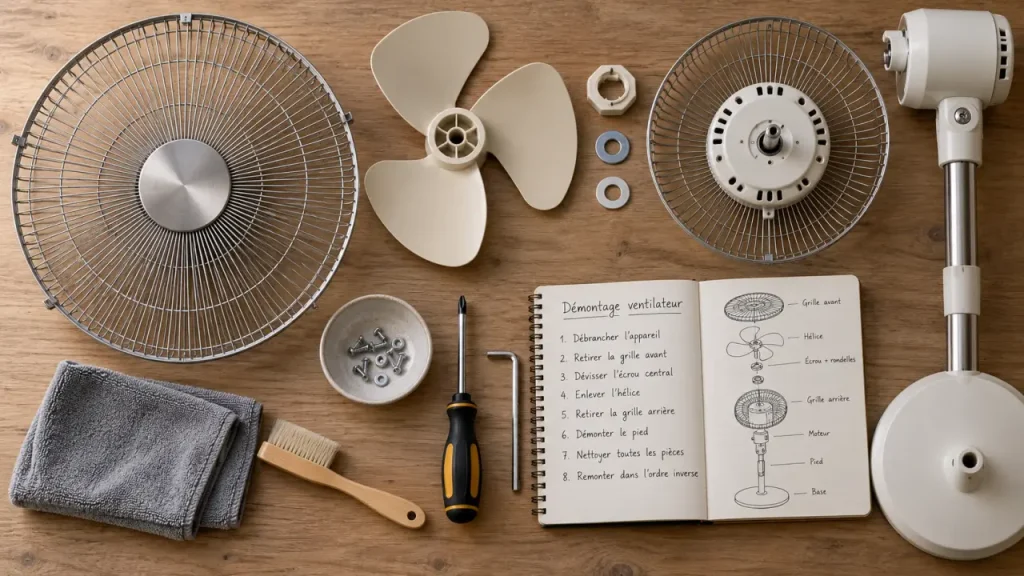 Démonter un ventilateur sur pied : attention au sens de l’écrou des pales