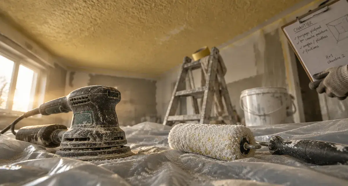 Crepi au plafond : ponceuse et peinture en rénovation