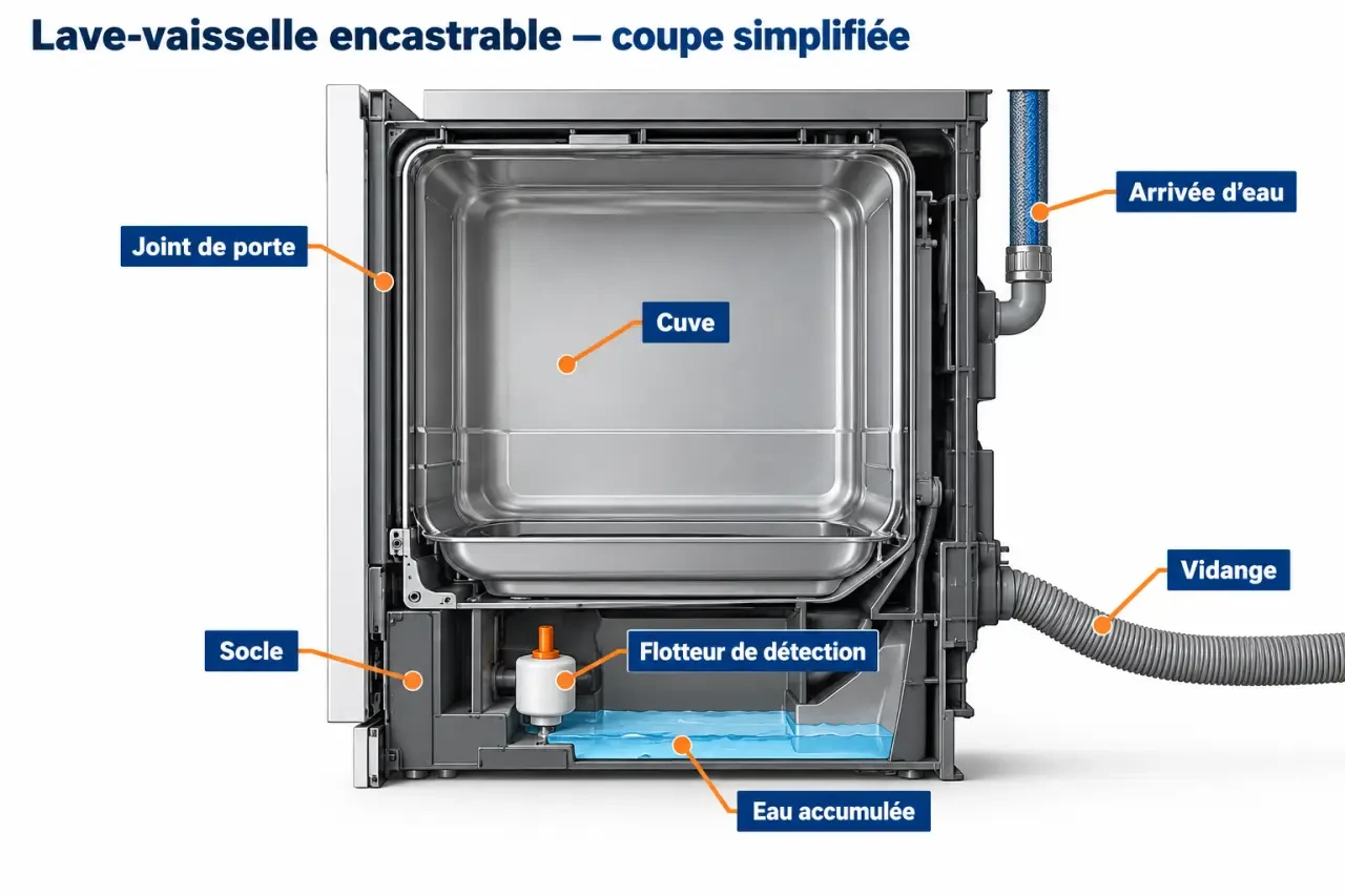 Schéma du code bosch lave vaisselle e15 avec eau détectée dans le socle sous la cuve