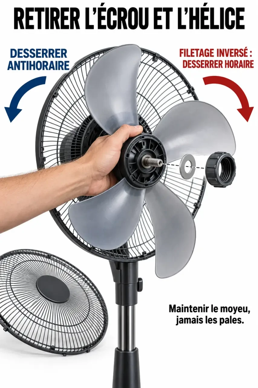 Comment demonter un ventilateur sur pied : sens de desserrage de l’écrou central et retrait de l’hélice