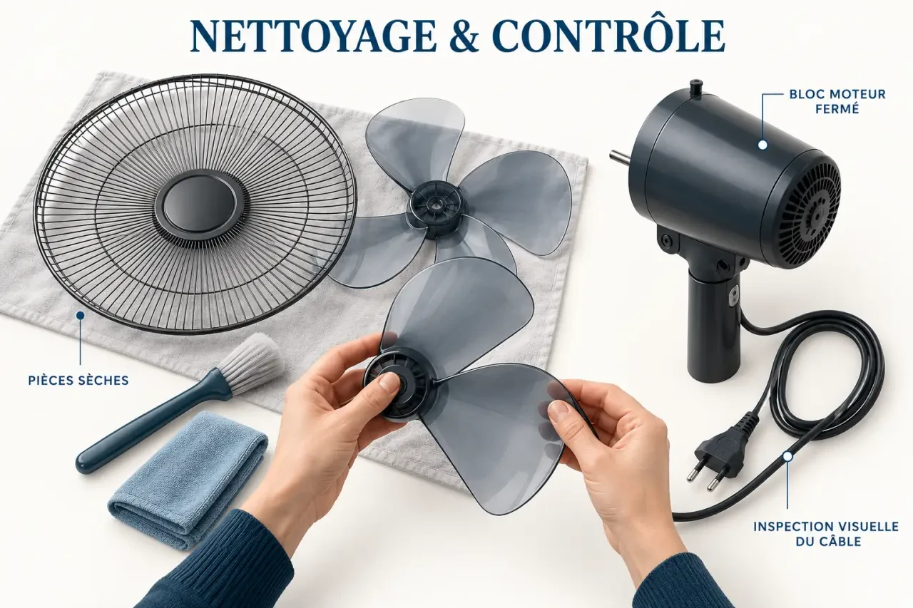 Comment demonter un ventilateur sur pied : nettoyage des grilles et vérification des pièces avant remontage