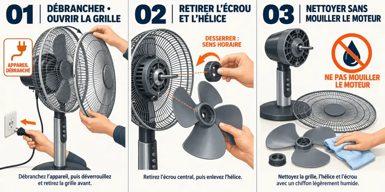 Comment demonter un ventilateur sur pied : étapes pour retirer la grille, l’hélice et nettoyer les pièces