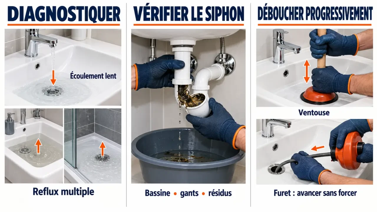 Illustration des étapes pour déboucher une canalisation bouchée avec siphon, ventouse et furet