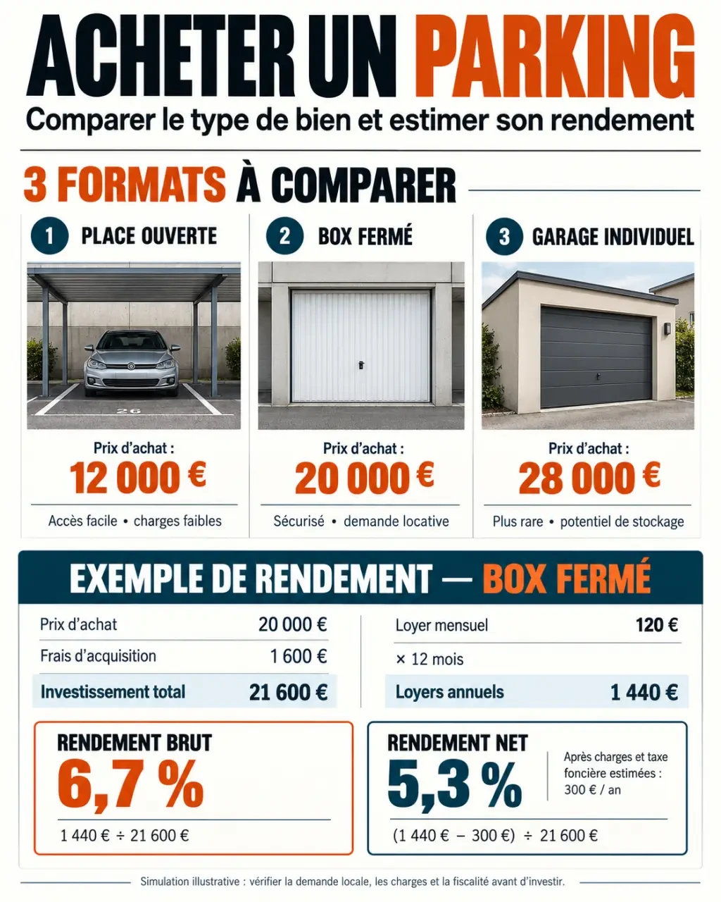 Infographie pour acheter des parkings : comparaison entre place, box et garage et calcul du rendement