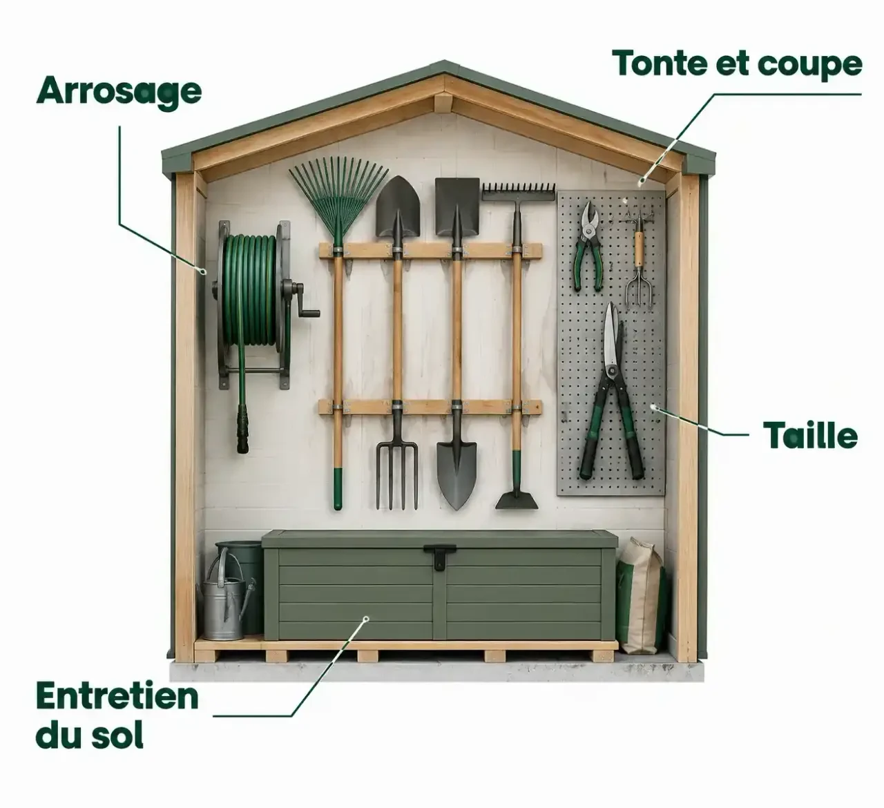 Schéma du rangement mural pour ranger des outils de jardin dans un abri, classés par usage